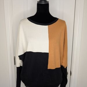 Chic Color Block Sweater - Black, White, and Tan